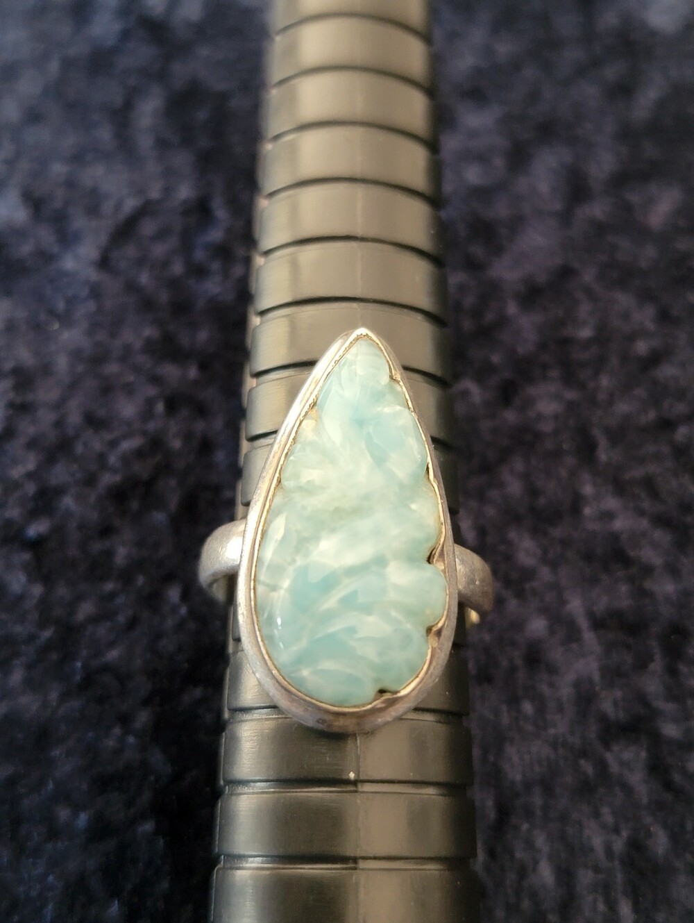 Carved Larimar Sterling Silver Ring